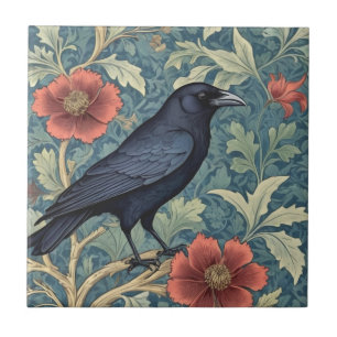Black Crow Bird William Morris style Right facing Ceramic Tile