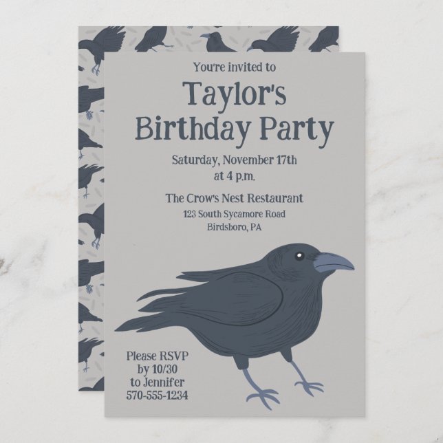 Black Crow Light Grey Custom Party Invitation (Front/Back)