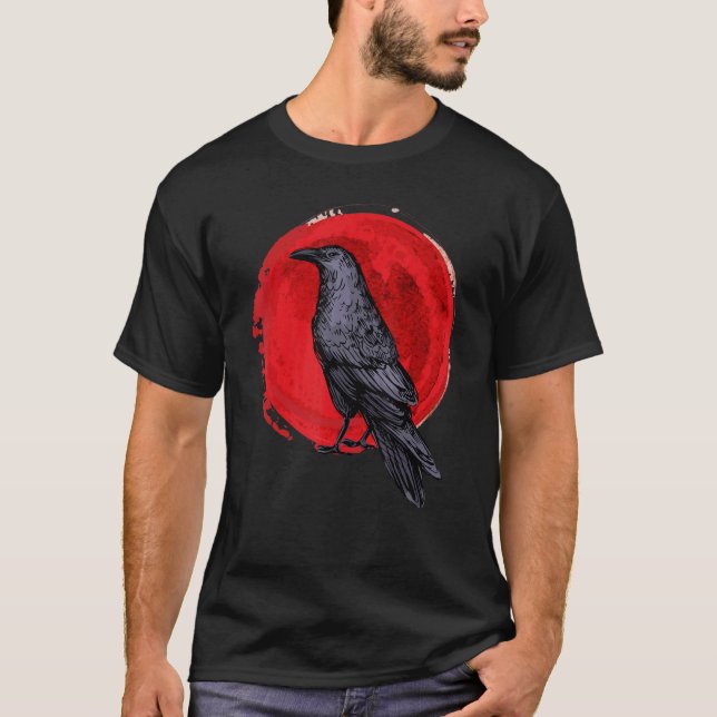 Black Crow Occult Japan Gothic Raven Bird Red Moon T-Shirt (Front)