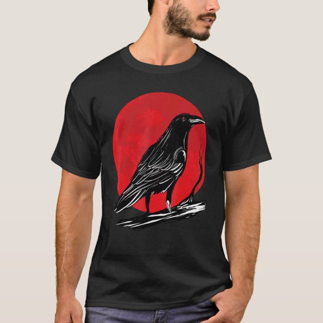 Black Crow Occult Japan Gothic Raven Bird Red Moon T-Shirt (Front)