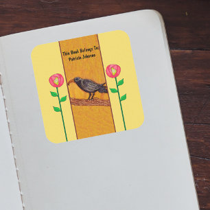 Black Crow on Branch Abstract Red Flowers Yellow Square Sticker
