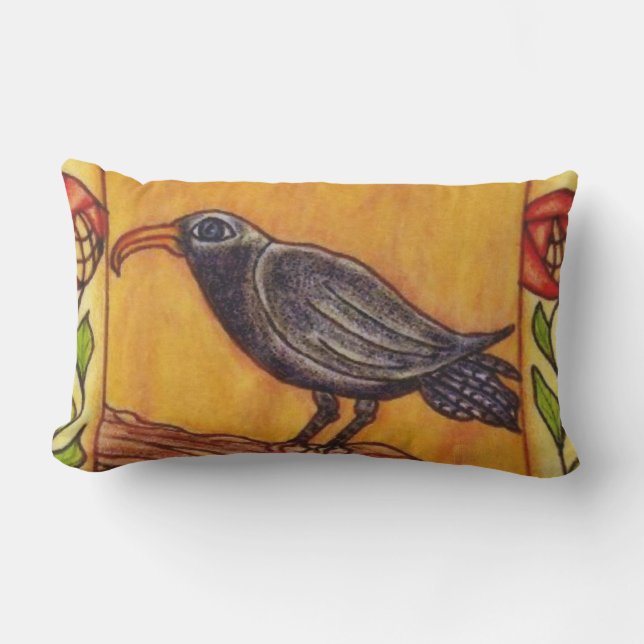 Black Crow on Branch Art Deco Abstract Red Roses Lumbar Cushion (Front)