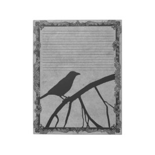 Black Crow Ornate Frame Top Lined on Vintage Grey Notepad