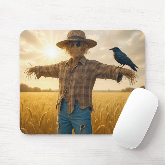Black Crow Perched On a Scarecrow Mouse Pad (With Mouse)