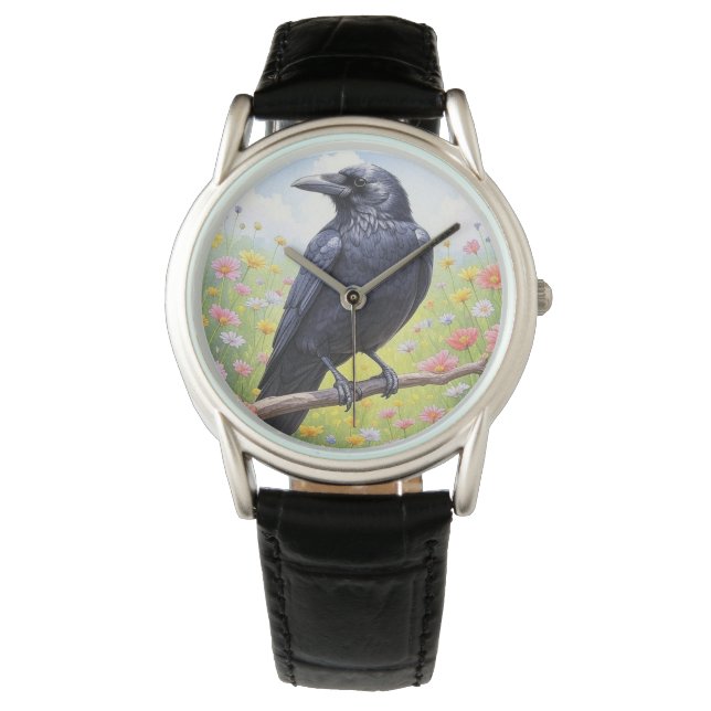 Black Crow Raven Floral  Watch (Front)