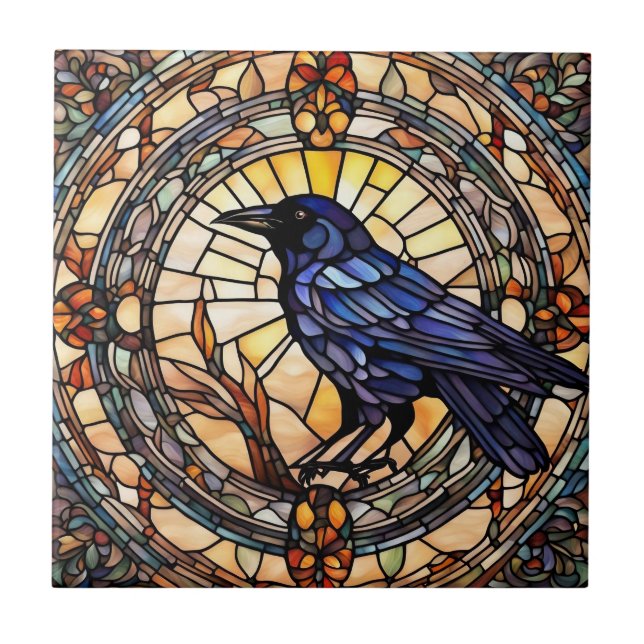 Black Crow Stained Glass Bird Ceramic Tile (Front)