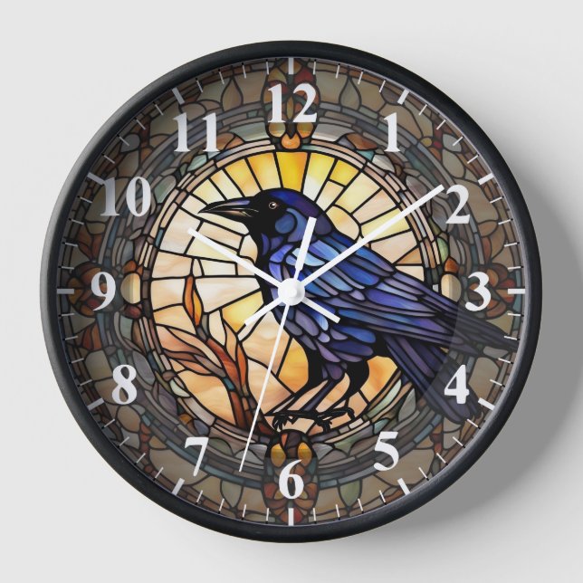 Black Crow Stained Glass Bird Clock (Front)