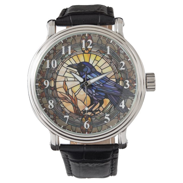 Black Crow Stained Glass Bird Clock Watch (Front)