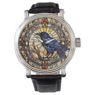 Black Crow Stained Glass Bird Clock Watch