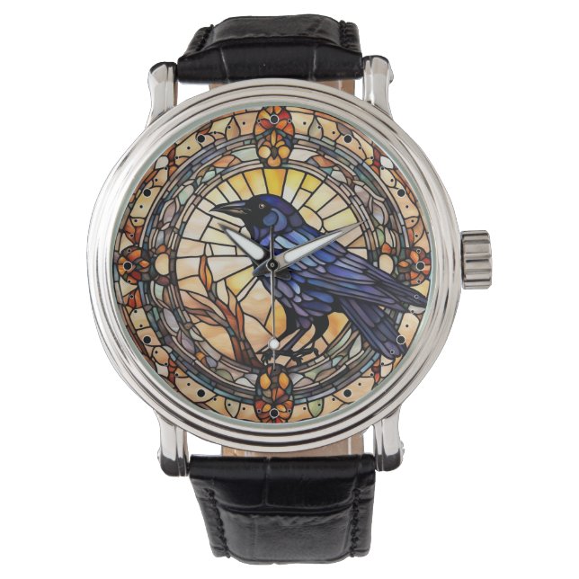 Black Crow Stained Glass Bird Clock Watch (Front)