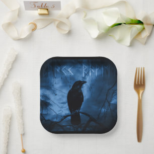 Black Crow with Runes Dark Goth Style Paper Plate