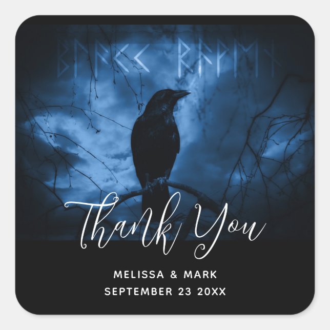 Black Crow with Runes Dark Goth Style Wedding Square Sticker (Front)