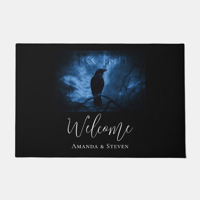 Black Crow with Runes Dark Goth Style Welcome Doormat (Front)