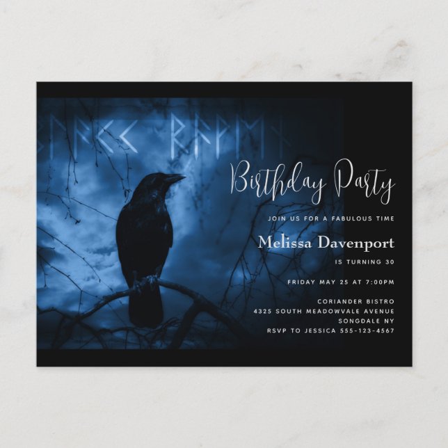 Black Crow with Runes Goth Birthday Invitation Postcard (Front)