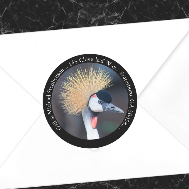 Black Crowned Crane Black Return Address Classic Round Sticker (Creator Uploaded)