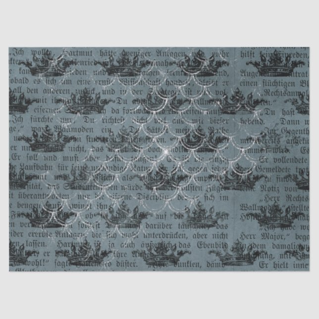 Black Crowns and Writing on Blue Decoupage Tissue Paper (Front)