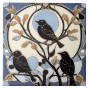 Black Crows Art Nouveau Birds Art Deco Bird Ceramic Tile