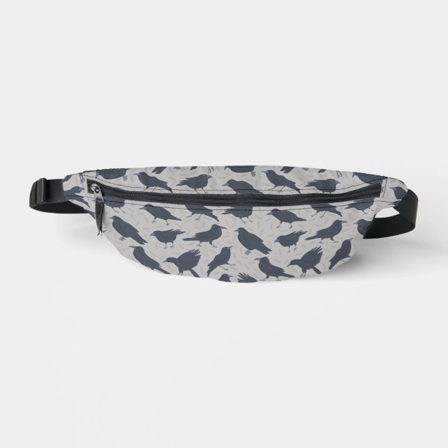 Black Crows Birds Grey Patterned Bum Bags (Front)
