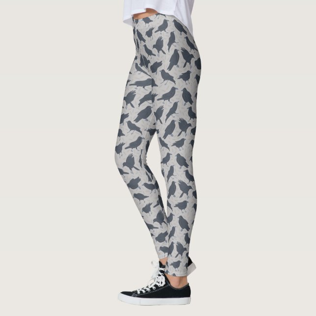 Black Crows Birds Grey Patterned Leggings (Left)