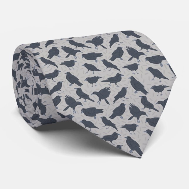 Black Crows Birds Grey Patterned Tie (Rolled)
