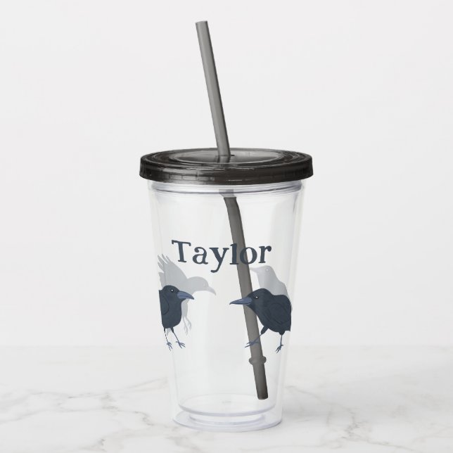 Black Crows Birds Illustrations Personalised Acrylic Tumbler (Left)