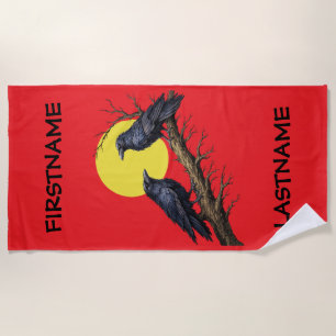 Black Crows on a Branch in the moonlight Beach Towel