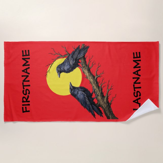 Black Crows on a Branch in the moonlight Beach Towel (Front)