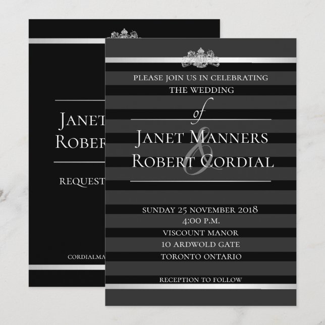 Black Crystal Tuxedo Stripe Formal Elegant Wedding Invitation (Front/Back)