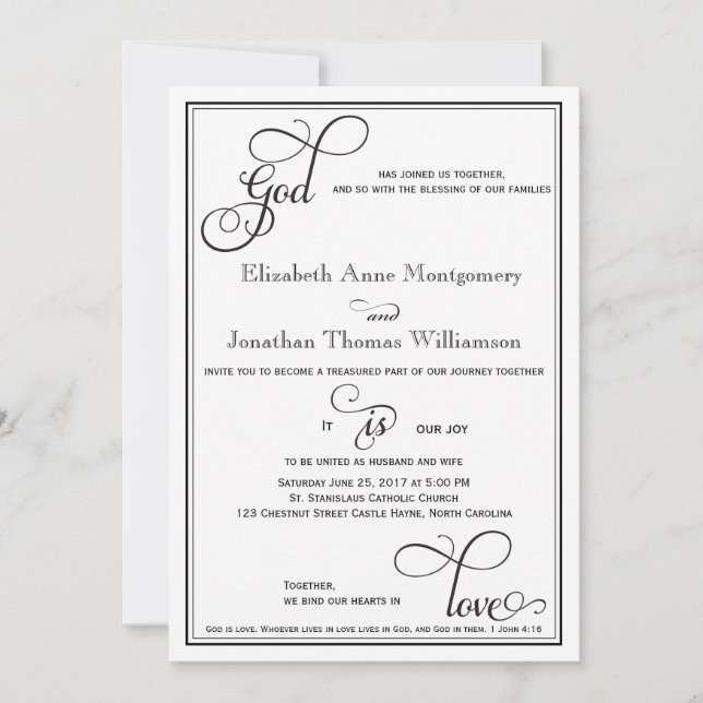 Black Curly Script God is Love Christian Wedding Invitation (Front)