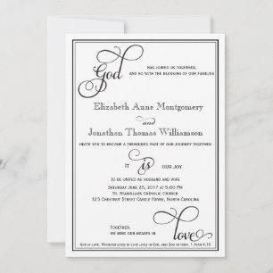 Black Curly Script God is Love Christian Wedding Invitation