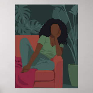 Black curly woman with viridian green plants poster
