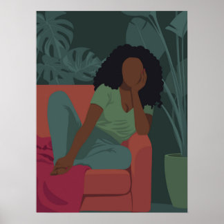 Black curly woman with viridian green plants poster
