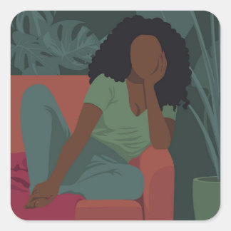 Black curly woman with viridian green plants square sticker