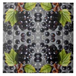 Black Currants Berries & Green Leaf Pattern Ceramic Tile