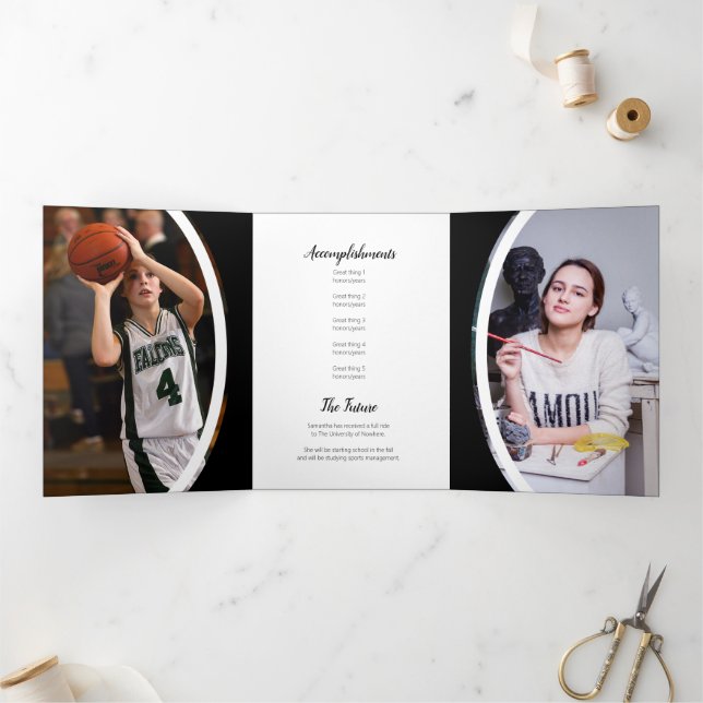 Black Curved Frame Three Photo Graduation Tri-Fold Invitation (Inside)