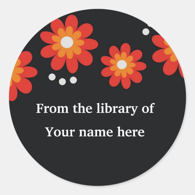 Black Custom Bookplates - Red Flowers Classic Round Sticker (Front)