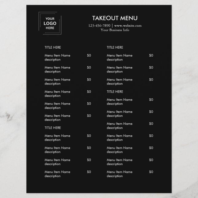 Black Custom Business Logo Modern Takeaway Menu  (Front)