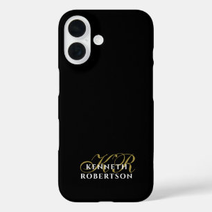 Black Custom Gold Initials White Name Minimalist  iPhone 16 Case