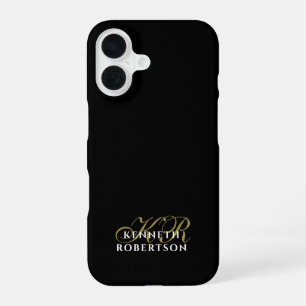 Black Custom Gold Initials White Name Minimalist iPhone 16 Case
