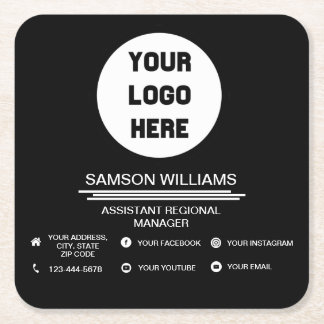 Black Custom Logo Minimalist Social Media Icons Square Paper Coaster