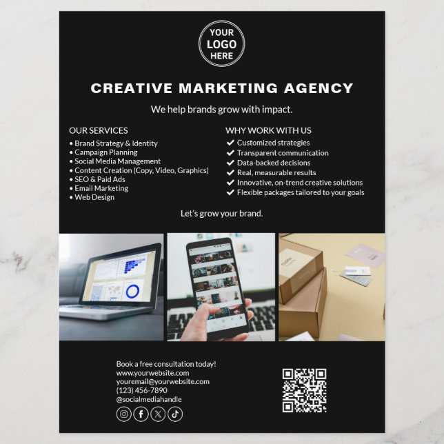 Black Custom Logo Photo QR Marketing Business Flyer (Front)