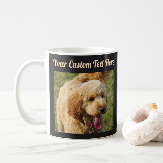 Black Custom Message Goldendoodle Dog Coffee Mug (With Donut)