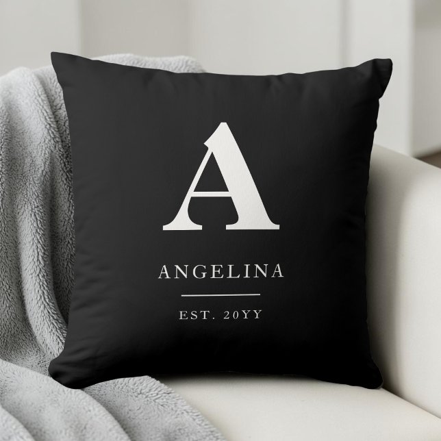 Black Custom Modern Monogram Initial Established Cushion (Black Custom Modern Monogram Initial Established Throw Pillow)