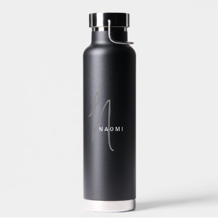 Black Custom Monogram Script Name Stylish Water Bottle