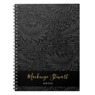 Black Custom Name Floral Pattern Notebook