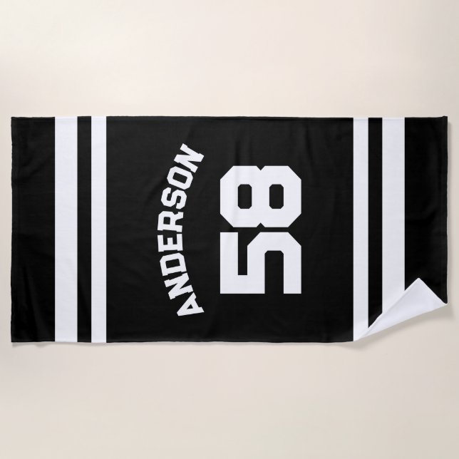 Black Custom Name & Number Sports Fan  Beach Towel (Front)