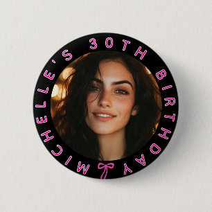 Black Custom Photo Age & Text Birthday Party Pin