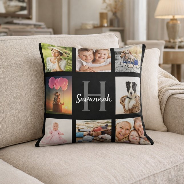 Black custom photo collage monogram name cushion (Creator Uploaded)