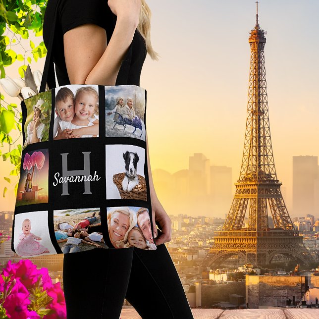 Black custom photo collage monogram name tote bag (Creator Uploaded)