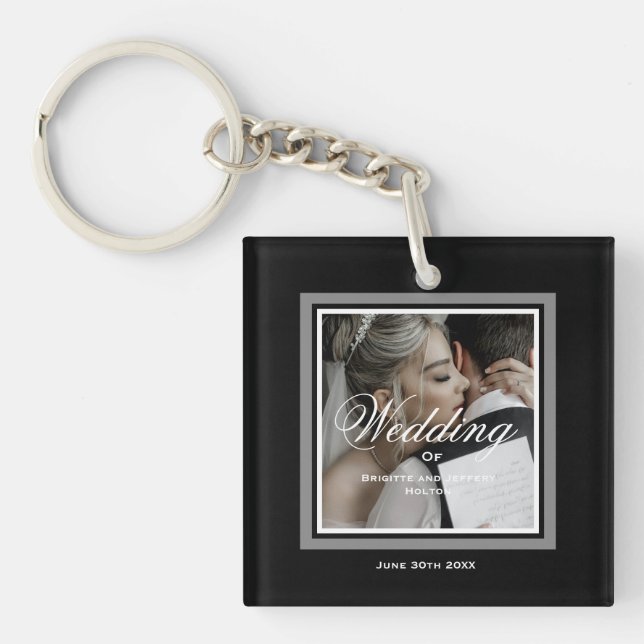 Black custom wedding couple photo keychain (Front)